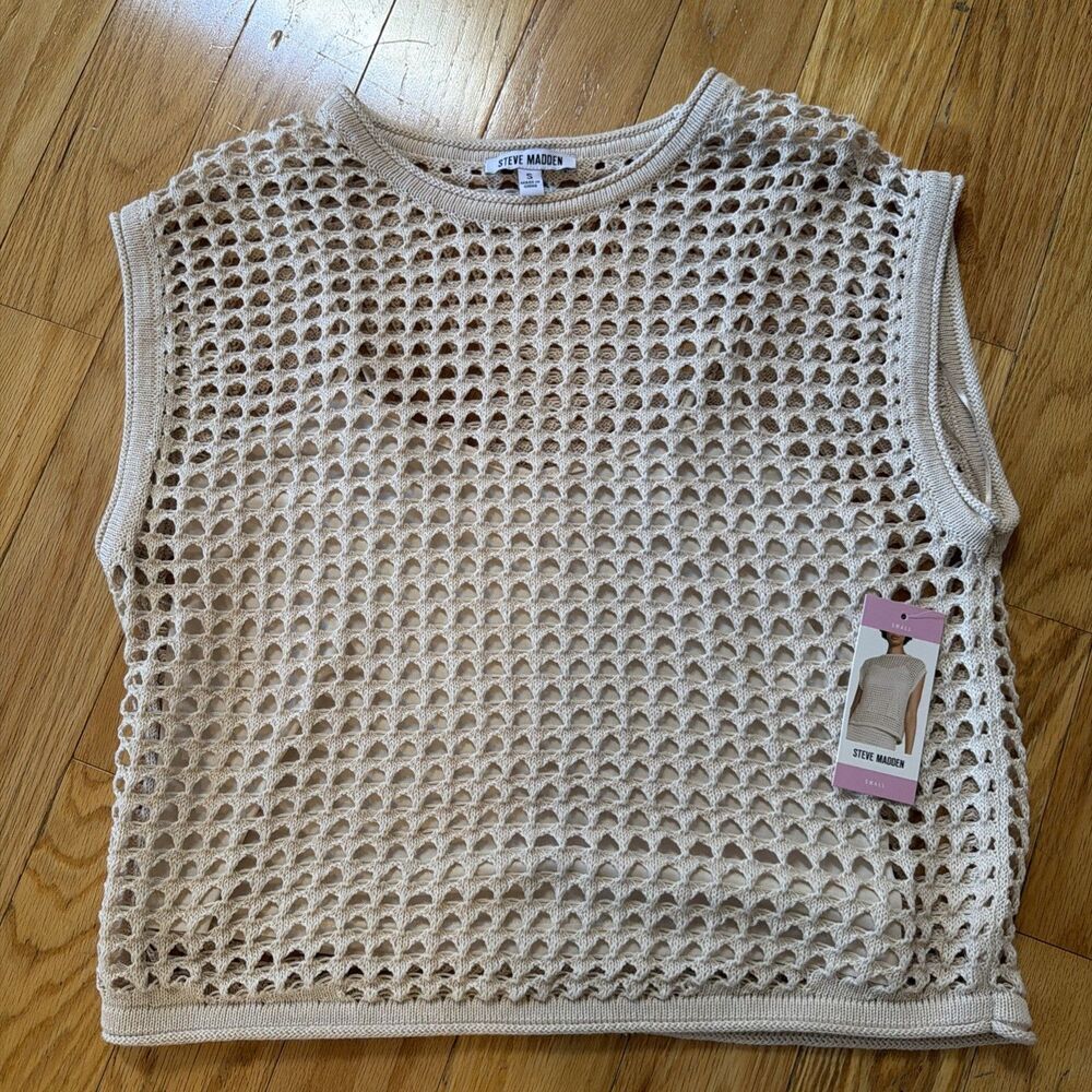 Steve Madden S Crochet Top ‎ Beige Knit Vest Sleeveless Sweater NWT Cotton Blend